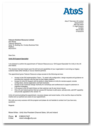 Letter confirming a business relationship between Telecom Resource and Atos