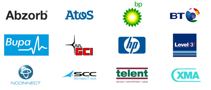 Logos of the companies Telecom Resource work for (Abzorb, Atos, bp, BT, Bupa, GCI, hp, Level 3 Communications, NCONNECT, SCC, telent,XMA)