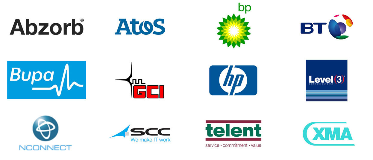 Logos of the companies Telecom Resource work for (Abzorb, Atos, bp, BT, Bupa, GCI, hp, Level 3 Communications, NCONNECT, SCC, telent,XMA)