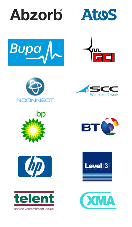 Logos of the companies Telecom Resource work for (Abzorb, Atos, bp, BT, Bupa, GCI, hp, Level 3 Communications, NCONNECT, SCC, telent,XMA)
